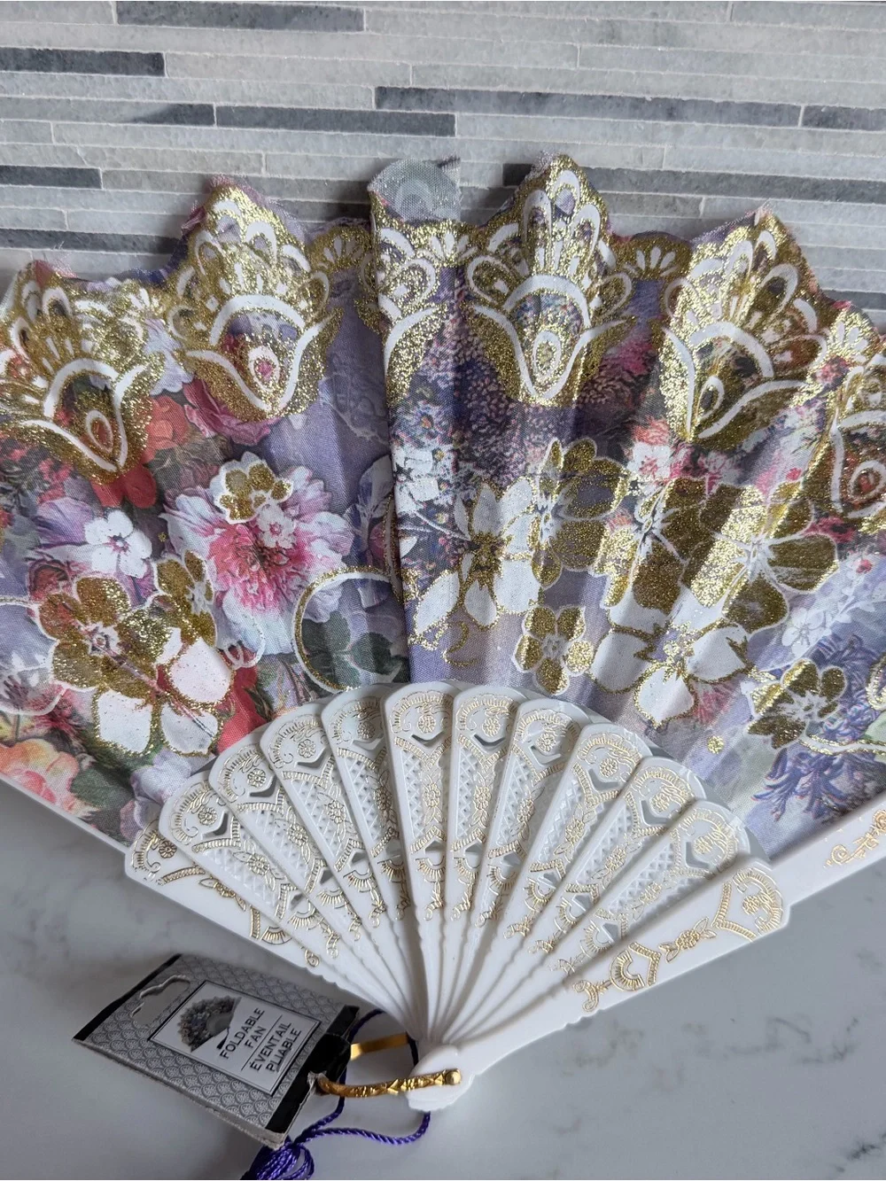 Vintage Decorative White and Purple Floral Hand Fan Wall Decor